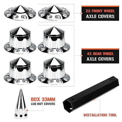 Aeagle Axle Cover Combo Kits for Semi Truck Hubs w/Screw-On 33mm Lug Nut, Spike ABS Plastic Chrome Plated, 2 Front & 4 Rear, 10 Hole Removable Caps, 6Pcs - color: Front & Rear Spiked