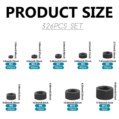 NINDEJIN 326 pcs M2-M12 (9 Sizes) Metric Black Hex Nuts Kit for Screw Bolt | Carbon Steel, Metal Hex Nuts Set, Six-sided Hexagon Nuts, for Locks; Lamps; Toys; Bicycles, Used to Tighten Bolts and Screws