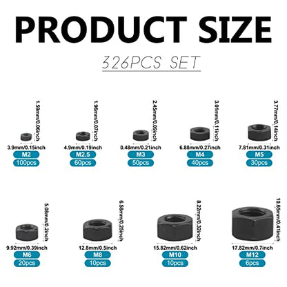 NINDEJIN 326 pcs M2-M12 (9 Sizes) Metric Black Hex Nuts Kit for Screw Bolt | Carbon Steel, Metal Hex Nuts Set, Six-sided Hexagon Nuts, for Locks; Lamps; Toys; Bicycles, Used to Tighten Bolts and Screws