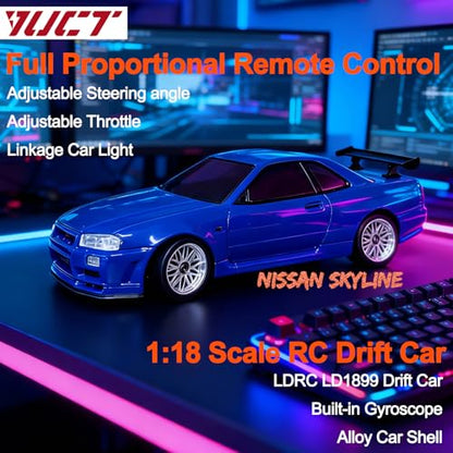 YUCT 1/18 RC Drift Car,2.4Ghz RWD LDRC Drift Car with Metal Tires & Gyro | LD1899 Nissan Skyline Alloy Shell - color: Ld1899-blue