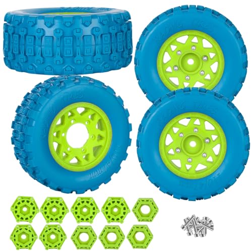 RC F/R Wheels and Tires Set w/Detachable Replace Running on Off-Road Tire RC Wheel Hex for 1/10 Slash 4WD 4×4 2WD/Arrm a Senton/Axia1/Rc 4wd/Redca t,12mm/14mm/17mm Hex,Green-Navy Blue（4PCS - color: Green-navy Blue(rc Wheels Tires)