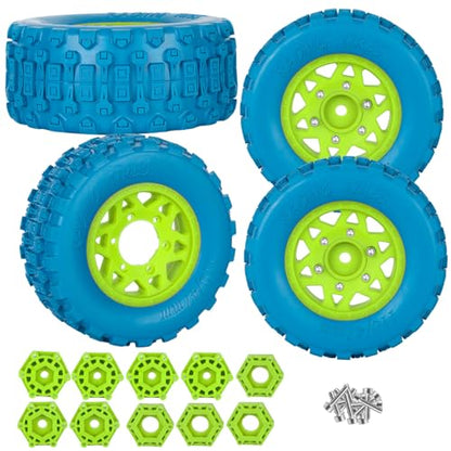 RC F/R Wheels and Tires Set w/Detachable Replace Running on Off-Road Tire RC Wheel Hex for 1/10 Slash 4WD 4×4 2WD/Arrm a Senton/Axia1/Rc 4wd/Redca t,12mm/14mm/17mm Hex,Green-Navy Blue（4PCS - color: Green-navy Blue(rc Wheels Tires)