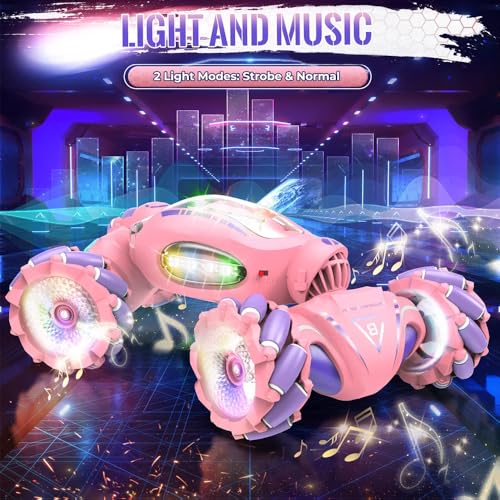 RC Stunt Car, 2.4GHz 4WD Gesture Sensing Remote Control Car, RC Twist Cars with Spary & Light & Music, Double-Sided 360° Rotating (Pink)
