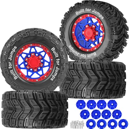 RC Truck Tires 12mm/14mm/17mm Hex RC Wheels and Tires for 1/10 Big Rock Granite Vortek/Stampede Rustler Hoss/L0s1 Rc 4wd,RC Monster Truck Car Wheel 4Pcs,Blue Red - color: Blue Red - (12mm/14mm/17mm Hex)