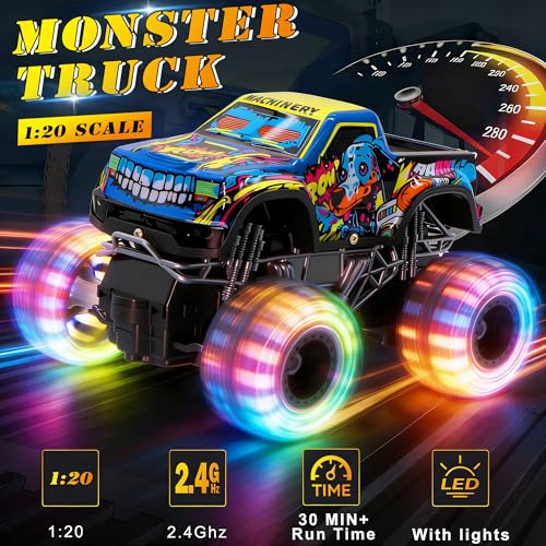 Remote Control Monster Truck Toys for Kids, 1:20 Scale 2.4GHz RC Car with Lights, All Terrain Rechargeable RC Truck with 2 Rechargeable Batteries, Toy Gift Birthday Christmas for Boys Girls Toddlers