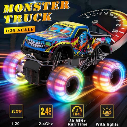 Remote Control Monster Truck Toys for Kids, 1:20 Scale 2.4GHz RC Car with Lights, All Terrain Rechargeable RC Truck with 2 Rechargeable Batteries, Toy Gift Birthday Christmas for Boys Girls Toddlers
