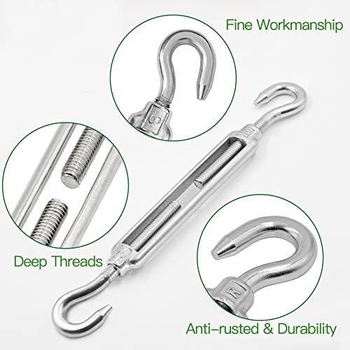 6PCS M8 Hook & Hook Turnbuckle 304 Stainless Steel Turnbuckle Wire Rope Tension Heavy Duty Turnbuckles for Cable Railing Wire Rope Hardware Kit (M8, Hook & Hook) - style: Hook & Hook-M-8
