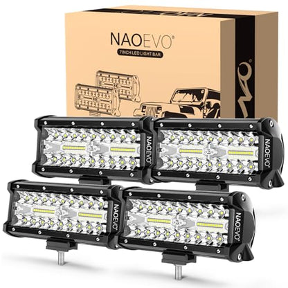 NAOEVO 7 Inch LED Light Bar, 480W 48,000LM LED Off Road/Fog Lights, 4 Pcs | Spot Flood Combo Waterproof LED Tractor Lights, Aluminum LED Work Lights with Bracket for Truck, Tractor, Boat, ATV, UTV - size: 4 Pcs