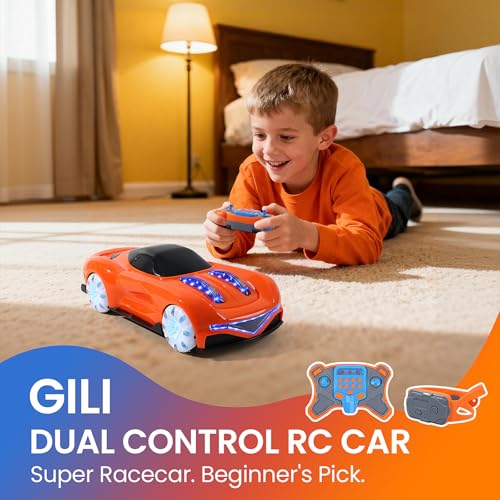 GILI RC Super Car, 2.4GHz Stunt Car with LED Lights & Water Spray Effect | Dual Mode Gesture & Remote | 360° Drift | Rechargeable | Easy Drive | RC Toy Boys Girls 6-12 | Birthday Christmas Gift Kids - color: Orange