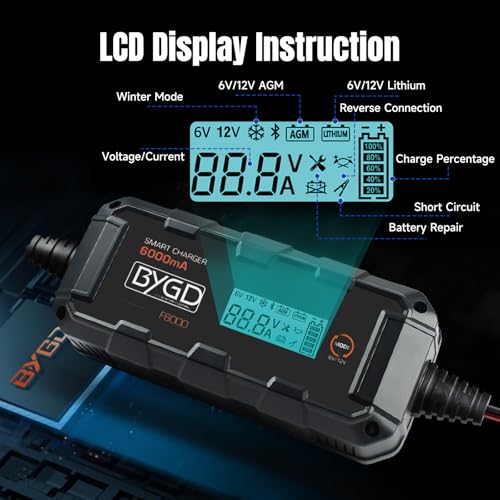 6A Car Battery Charger, 6V/12V Automative Trickle, Maintainer Battery Charger Desulfator with Temperature Compensation, LiFePO4 & Lead Acid Batteries for Motorcycle Lawn Mower Boat