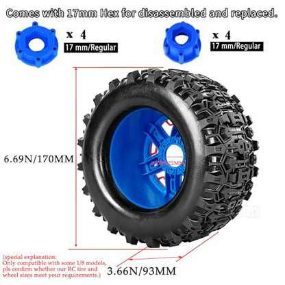 RC Wheels and Tires Set(4PCS) for 1/8 1/10 Monster Truck Tires,1/8 Traxx as/Arrm a 6S/Summi t/ERveo/Redc at/HPI JLB Cheetah RC Off-Road etc,17mm Hex Tire and Wheels/Plastic Rims,Red and Blue - color: Red and Navy Blue-(wheels Tires)