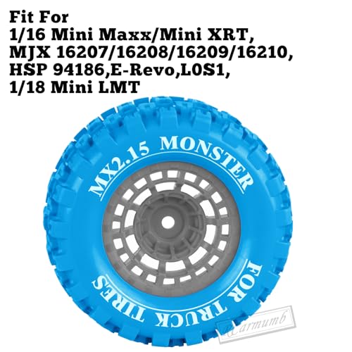 100 * 52MM 1/16 RC Monster Truck Tires 12mm Hex Adapters All-Terrain Traction Tires fit for Mini Maxx/Mini XRT, MJX 16207/16208/16209/16210,HSP 94186,E-Revo,L0S1,1/18 Mini LMT,Blue&Grey - color: Blue&grey(4pcs)