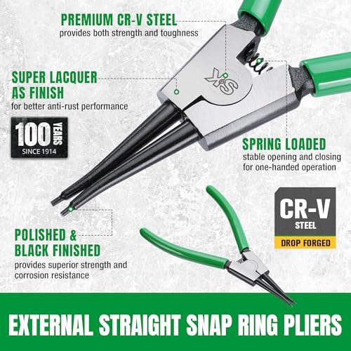 SK 7-Inch Snap Ring Pliers, External Circlip Pliers with Straight Jaw, Tip Diameter 0.07'', Premium CR-V Steel - style: External Straight