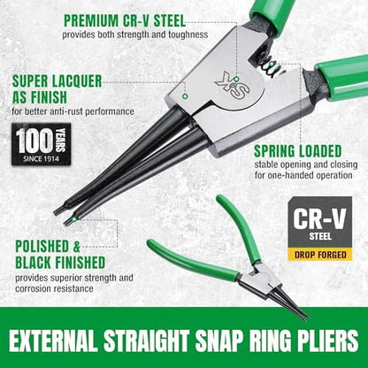 SK 7-Inch Snap Ring Pliers, External Circlip Pliers with Straight Jaw | Tip Diameter 0.07'', Premium CR-V Steel, Polished & Black Finished Tip, Spring-Loaded, Anti-Slip Grip - style: External Straight