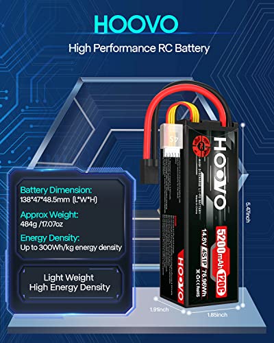 HOOVO 4S Lipo Battery 14.8V 120C 5200mAh RC Car Battery Hard Case with TR Plug Compatible for 1/8 and 1/10 RC Car Buggy Truggy Truck Slash 4X4 Crawler Monster 2 Pack