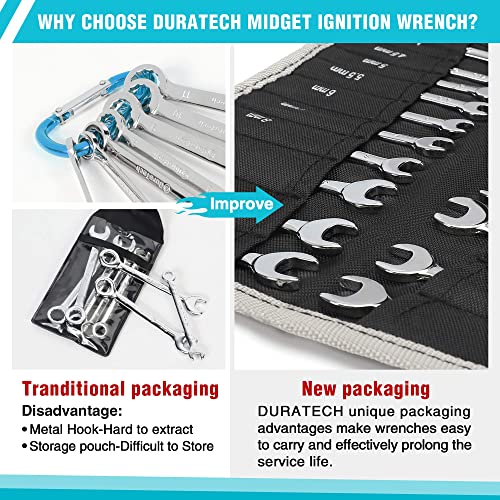 DURATECH Mini Wrench Set, Small Ignition Wrench Set, Mirror Polished | 20-Piece, Metric & SAE, 4mm-11mm & 5/32" - 7/16", Lightweight, with Rolling Pouch, for Tight Access in Confined Spaces