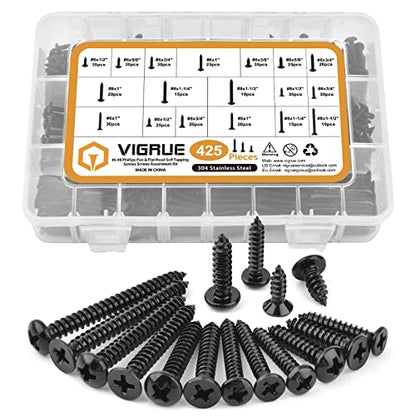 VIGRUE 425PCS #6#8 Black Wood Screw Set, Black Oxide 304 Stainless Steel Phillips Pan and Flat Head Self Tapping Screws Assortment Kit, Length 1/2" to 1-1/2" - style: 425PCS #6#8 Pan Head & Flat Head