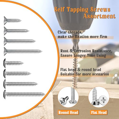 Dianrui 1200 PCS Wood Screws Assortment Kit, Assorted 304 Stainless Steel Screws M3/M4/M5/M6, ‌Phillips Drive Sheet Metal Self Tapping Screw Set Marine Grade (Pan & Flat Head Screw) Length 1/4" to 2" - size: 1200PCS-SV