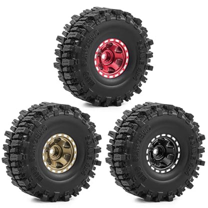 1.0" Beadlock Aluminum Wheels and 64mm Soft Rubber Tires | for SCX24, TRX4M, Ascent 18, FCX24, 1/18 1/24 RC Crawler, 7mm Hex, 0mm Offset, with Foam Inserts, (Red) - color: Red