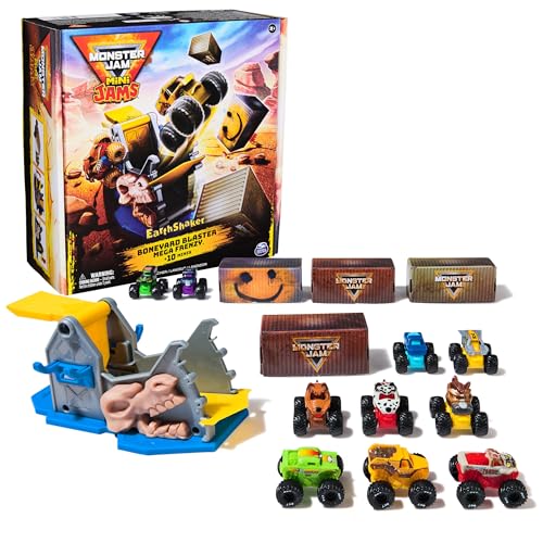 Monster Jam Mini Jams Earthshaker Boneyard Blaster Mega Frenzy Playset | 10 Mini Toy Trucks, Grave Digger, Blue Thunder & More, Hit Targets & Obstacle Courses, Pretend Play Gifts for Kids Ages 3+ - style: Mini Jams 10-Pack Playset