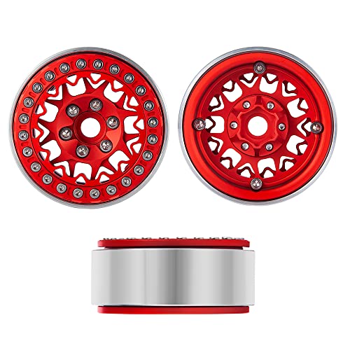 RCLIONS 1.9inch Beadlock Wheels Aluminum Rims for 1/10th RC Crawler Car - color: Red