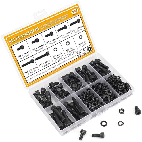 205 Pieces M5 Screws Nuts Washers Set Black, Sutemribor M5 x 8/10/12/16/20/25/30mm Hex Socket Head Cap Screws Nuts Washers Assortment Kit, 12.9 Grade Alloy Steel, Fully Threaded - size: M5 x 8-30mm, style: Socket Head