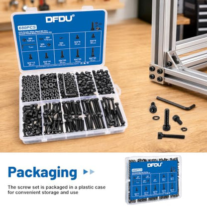 680Pcs M4 Screw Hex Socket Head Cap Bolt Kit 6-30mm 12.9 Alloy Steel | Black Zinc-Plated Metric Allen Bolts Nuts Flat Spring Washers Allen Wrench Assorted Hardware for DIY, 3D Printing Furniture - size: G12.9 M4 680PCS