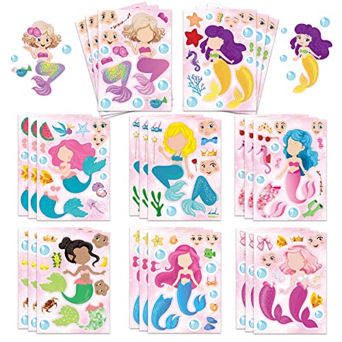 24 Sheets Make Your Own Mermaid Stickers, Make a Face Sticker for Girls | Mermaid Birthday Party Favors , Mermaid decoration Classroom Teacher Rewards, Art Craft Supplies - style: Mermaid（Pink）