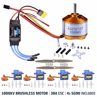 DIY RC Airplane Kit A2212 KV1000 Motor, 30A ESC, 4 Servos, 2 Propellers | Complete kit includes 4 SG90 servos, XT60 connector, motor mount, Z-bend linkages, and all required linkage hardware. - size: (Complete) KV1000