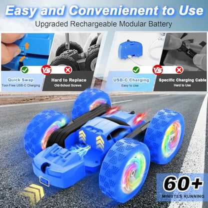 Remote Control Car, Outdoor Toys RC Cars for Kids Ages 6-12, 4WD Double Sided Stunt Vehicle with Upgraded USB-C Modular Batteries, 5 6 7 8 9 10+ Year Old Boy Birthday Blue - color: Blue