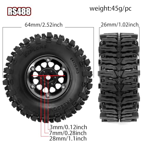 REDSPIDER RC 1.3inch Beadlock Wheels and Crawler Tires 64mm * 26mm Mud Slingers X Super Soft Sticky Tyres For RC 1/24 1/18 Scale Crawler TRX4M SCX24 FCX24 FCX18 (Black) - color: Black