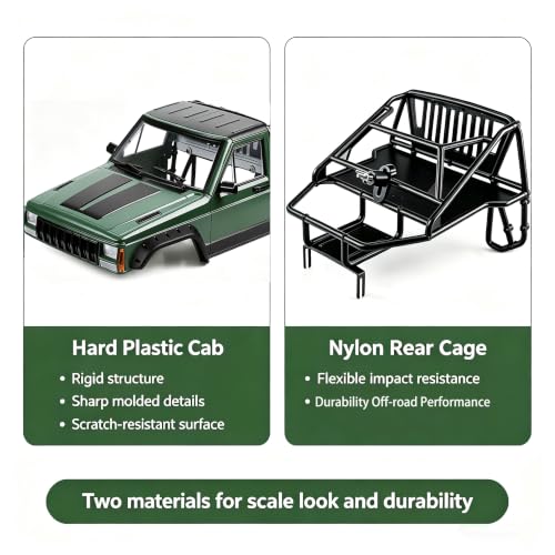 Hard Plastic RC Crawler Body Cab & Back-Half Cage Body Car Shell Upgrades Part for 1/10 RC Crawler Car for Axial SCX10 II 90046 TRX4 Redcat GEN8 (Army Green) - color: Army Green