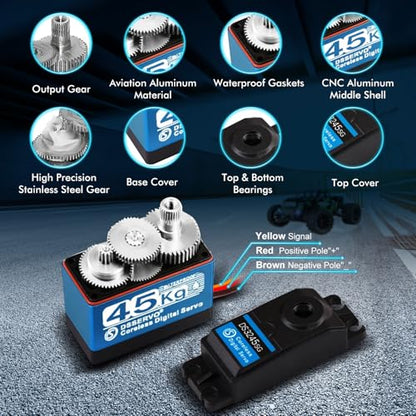 45KG Servo 1/10 Steering Servo High Torque Coreless RC Steering Servo Motor with Stainless Steel Gear Waterproof for 1/8, 1/10, 1/12 Scale Cars and DIY Projects (DS3245SG-180 Rotation) 5V-8.4V