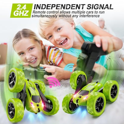 QUNREDA Remote Control Car for Kids Ages 6+, RC Cars Stunt Car Toy 4WD Double Sided 360° Rotating Remote Control with Headlights, Birthday Xmas Gifts for Boys 6 7 8 9 10 11 12 Green - color: Green