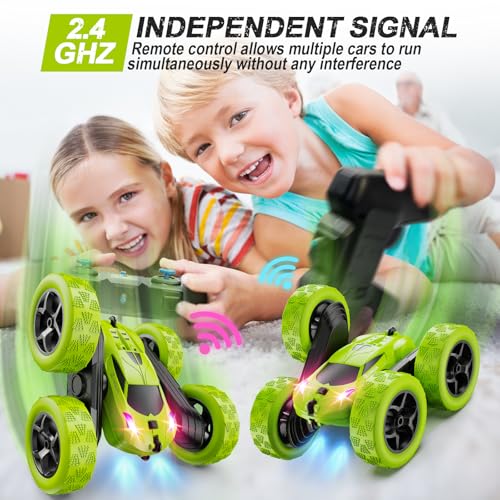 QUNREDA Remote Control Car for Kids Ages 6+, RC Cars Stunt Car Toy 4WD Double Sided 360° Rotating Remote Control with Headlights, Birthday Xmas Gifts for Boys 6 7 8 9 10 11 12 Green - color: Green