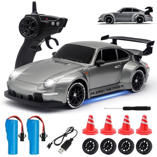RC Drift Car,1:24 Scale Remote Control Car, 2.4GHz 20KM/H 4WD High Speed RC Cars for Kids with LED Light, Two Batteries,Drifting Tires,Racing Vehicle Toy for Adults Boys Girls Silver - color: Silver