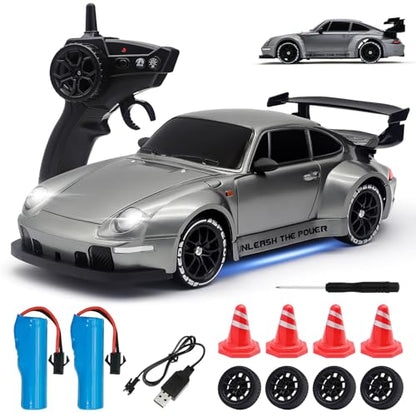 RC Drift Car,1:24 Scale Remote Control Car, 2.4GHz 20KM/H 4WD High Speed RC Cars for Kids with LED Light, Two Batteries,Drifting Tires,Racing Vehicle Toy for Adults Boys Girls Silver - color: Silver