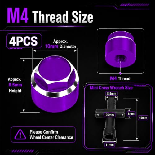 4PCS M4 RC Wheel Nuts, Dustproof Rim Center Cap Hub Nuts for 1/10 TRX4 | Aluminum Wheel Center Cap Nuts with Mini Cross Wrench for TRX4 TRX6 SCX10 SCX10 II D90 Redcat Tamiya HPI 1/10 RC Car, Purple - color: Purple