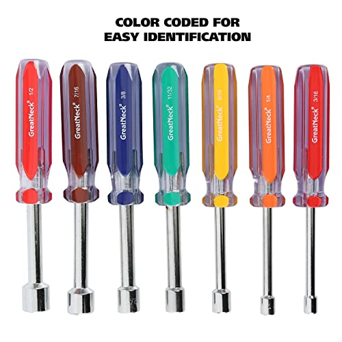 Great Neck ND72 7-Pc SAE Nut Driver Set, Nut Drivers for Automotive, Mechanical, and DIY Projects, Chrome Vanadium Steel, Acetate Color-Coded Handles, Rust-Resistant, ANSI Rated Tools - size: SAE