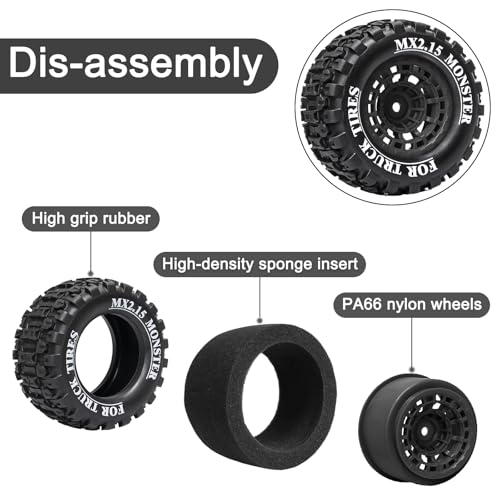 LRFHL 12mm Hex RC Wheel Tires 4PCS | for 1/16 Traxxas Mini Maxx 107154-1 Mini XRT VXL 108076-1 E-Revo Mini XRT MJX 16207 16210 HSP 94186 LOSI 1/18 Mini LMT - color: Black Tires+ Black Wheel-2