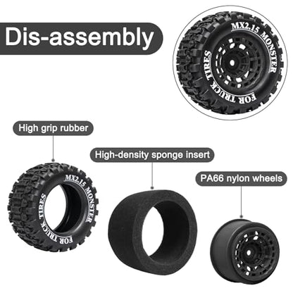 LRFHL 12mm Hex RC Wheel Tires 4PCS | for 1/16 Traxxas Mini Maxx 107154-1 Mini XRT VXL 108076-1 E-Revo Mini XRT MJX 16207 16210 HSP 94186 LOSI 1/18 Mini LMT - color: Black Tires+ Black Wheel-2