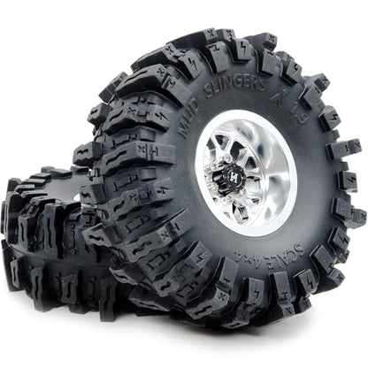 4.85'' Tall Mud Slingers X 1.9 tires T8 & -10.5mm Negative Offset 1.9 Beadlock wheels rims For 1/10 Crawler SCX10 TRX4 Upgrades,HS701550 - color: Silver