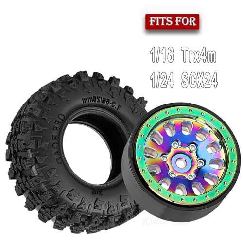 Rc 1.3 Beadlock Wheel Tires/Wheel Rims for 1/24 1/18 SCX24 TRX4M RC Crawler Car,Aluminum 1.3 Beadlock Wheels and Tires,Rc Tires with Foam Inserts,Rainbow(4PCS) - color: Rainbow - (Rc Wheels Tires)