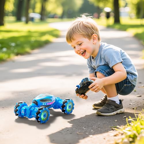 Gesture Sensing RC Stunt Car - Boys Toys Age 6-12, 4WD Hand Controlled Remote Control Drift Twist Offroad 360° Rotation Car with Light & Music, Cool Birthday Presents and Ideas Gifts for Kids Blue - color: Blue