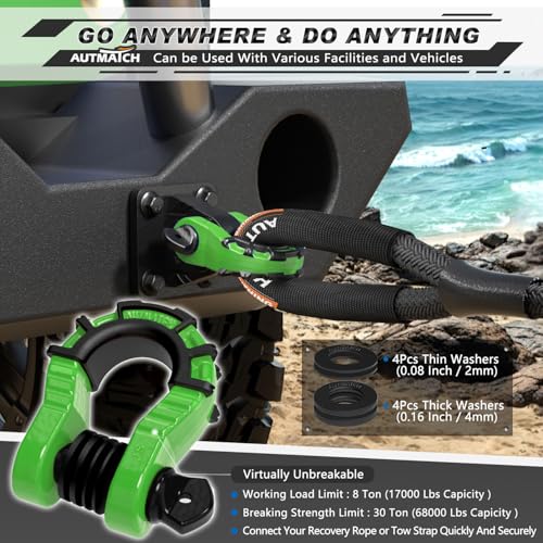 AUTMATCH D Ring Shackles 3/4" Mega Shackle (2 Pack) 68,000Ibs Break Strength - Heavy Duty Clevis Shackles with 7/8" Screw Pin and Isolator Washer for Tow Strap Winch Off Road Vehicle Recovery, Green - color: Green & Black