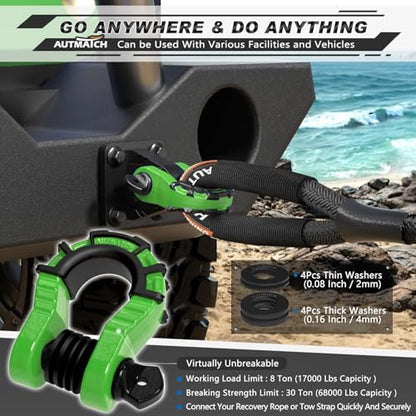 AUTMATCH D Ring Shackles 3/4" Mega Shackle (2 Pack) 68,000Ibs Break Strength - Heavy Duty Clevis Shackles with 7/8" Screw Pin and Isolator Washer for Tow Strap Winch Off Road Vehicle Recovery, Green - color: Green & Black