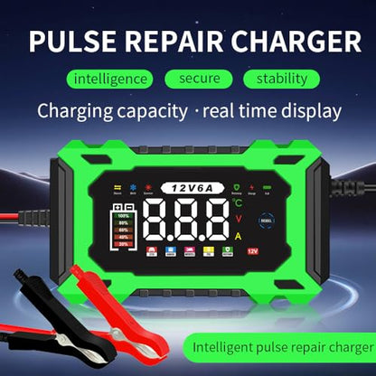 6A 12V Smart Battery Charger Maintainer (Green) | 6A Smart Charger Maintainer, Pulse Desulfator, Trickle Tender, Overcharge Safe, AGM/GEL/SLA, for Car/Marine/Lawn Mower/ATV - color: Green