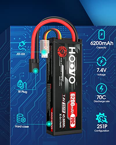 HOOVO 7.4V 70C 6200mAh 2S Lipo Battery Hard Case with Tracxas Plug(2 Packs | for RC Car RC Helicopter RC Truck RC Truggy Airplane Quadcopter UAV Drone FPV - style: 2S 6200mAh