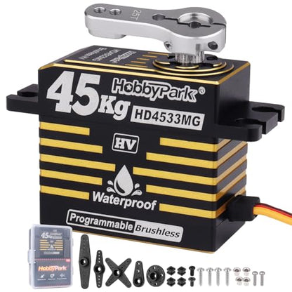 HobbyPark Waterproof RC Servo High Torque Brushless Motor Metal Gear Digital Servo Aluminum Case for 1/8 1/10 RC Crawler SCX10 TRX4 RC Truck Car Buggy RC Basher Control Angle 180° HV (45kg Torque)