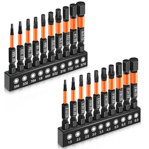 20PCS Hex Bit Set, Impact Allen Wrench Drill Bit Set (Metric&SAE) | 1/4”Hex-Shank S2 Alloy Steel Key Drill Bit Set with Magnetism, CNC Machined Tips, 2" Long with Storage Box
